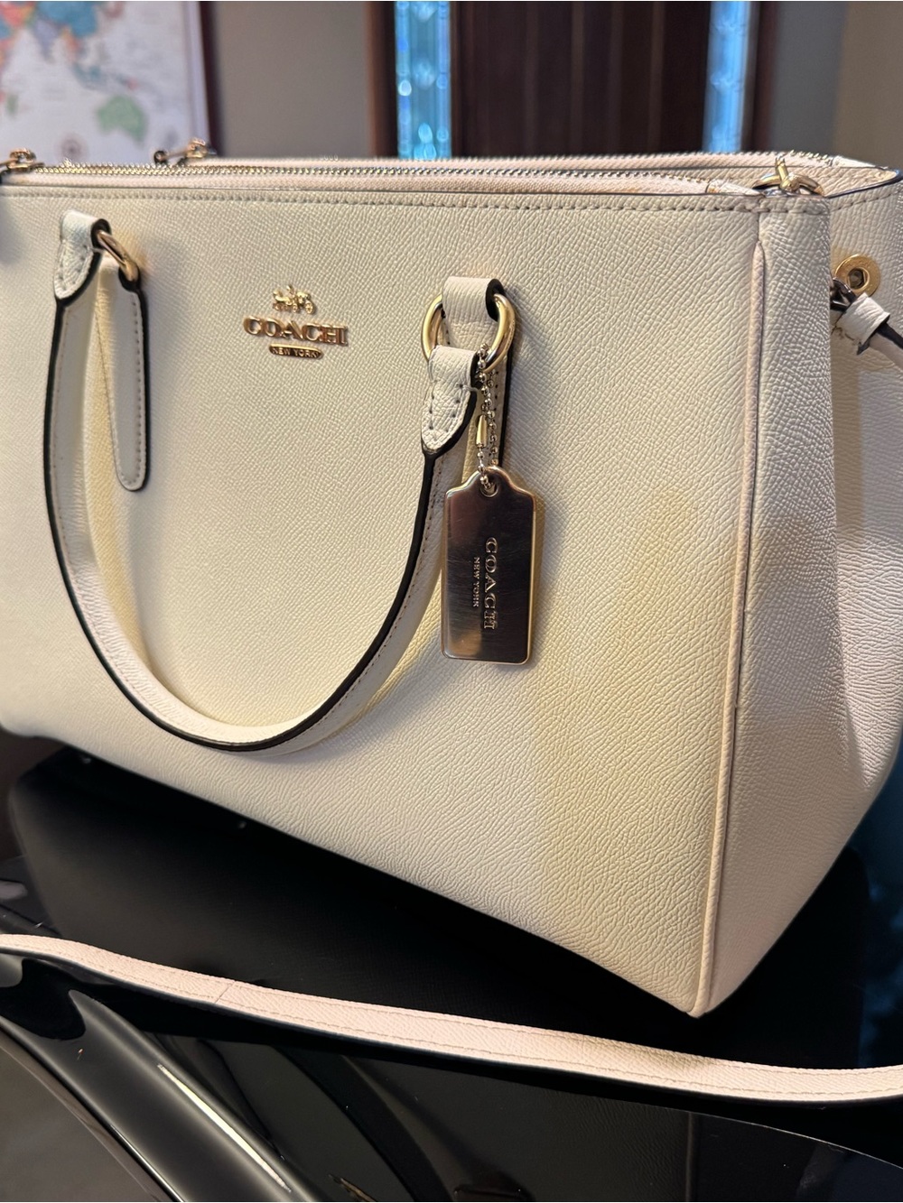 COACH Cream Saffiano Leather Satchel with Gold Hardware